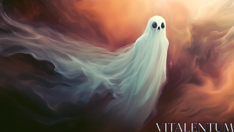 Ghostly spirit drifts through swirling pastel twilight clouds.