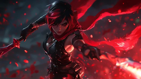 Dynamic anime heroine in red cloak, high-action composition.