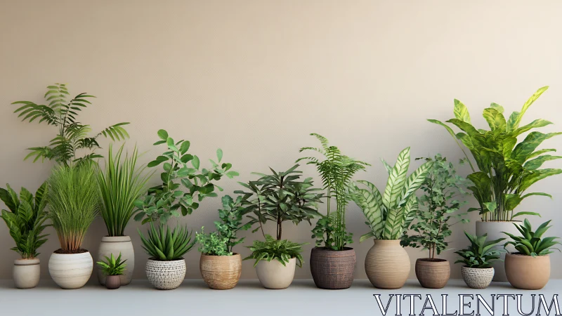 Row of assorted indoor potted plants against plain wall.