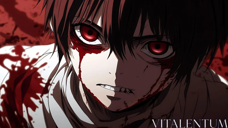 Bloodstained anime boy with intense red eyes stares ahead.