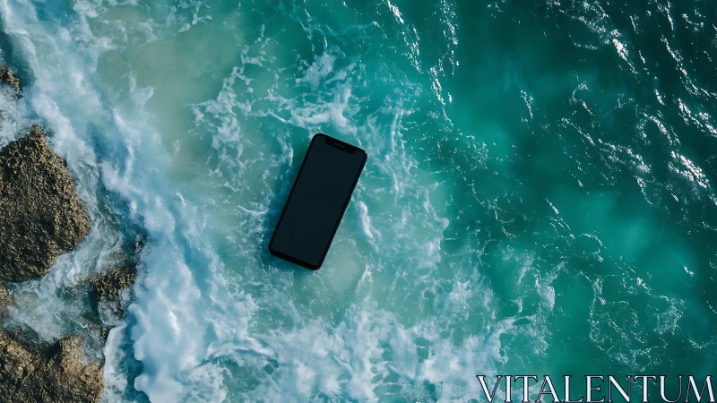 Lost phone adrift in teal waves and foaming shoreline drama.