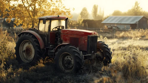 Red farm tractor sits in frosty field at sunrise