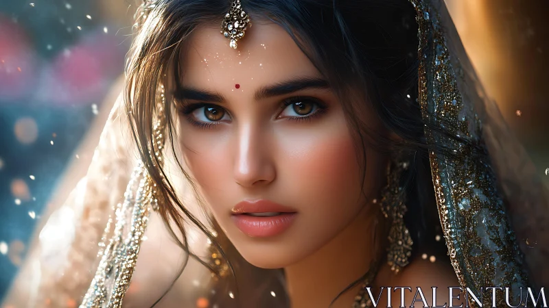 Soft starlit gaze of a jeweled bride in golden dusk.
