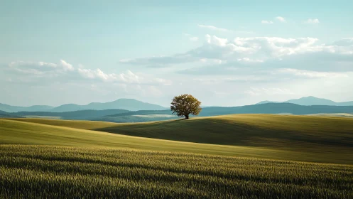 Solitary tree on rolling agricultural hills at midday light.
