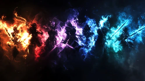 Elemental spectral warriors align in chromatic flame gradients
