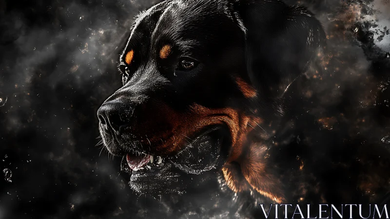 Rottweiler dog portrait in dark dramatic smoke effect.