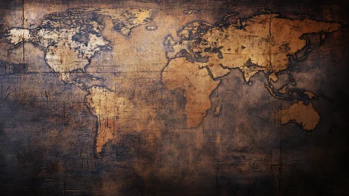Weathered world map glows against dark textured background.