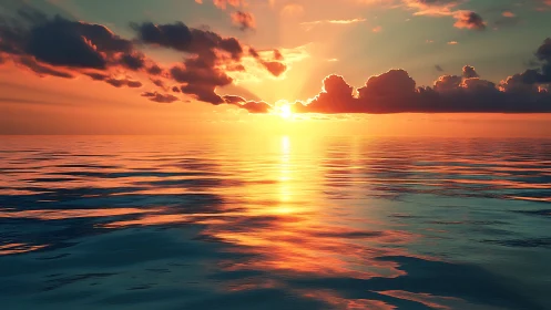 Sunset over open ocean with reflective rippled surface.