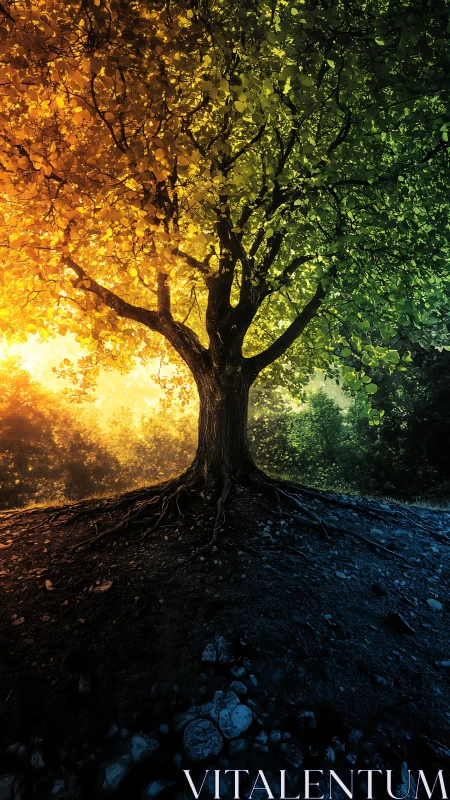 Radiant seasonal spectrum tree over divided earth mound.