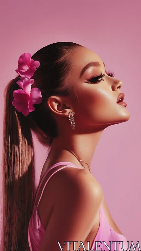 Side-profile portrait shows stylized woman against pink backdrop