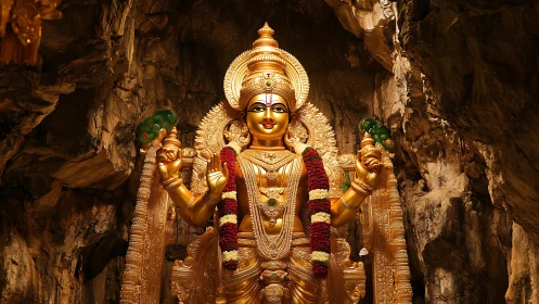 Golden Hindu deity statue illuminated within rugged cave sanctuary