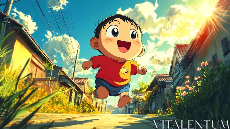 Joyful child sprinting through sunlit anime village street.