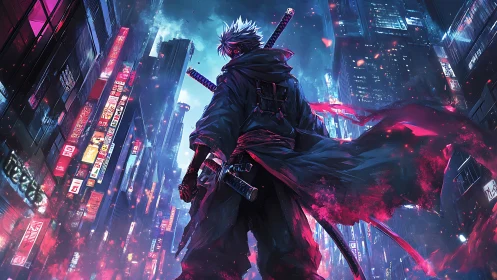 Neon-blade warrior confronting rainlit cyberpunk skyline.