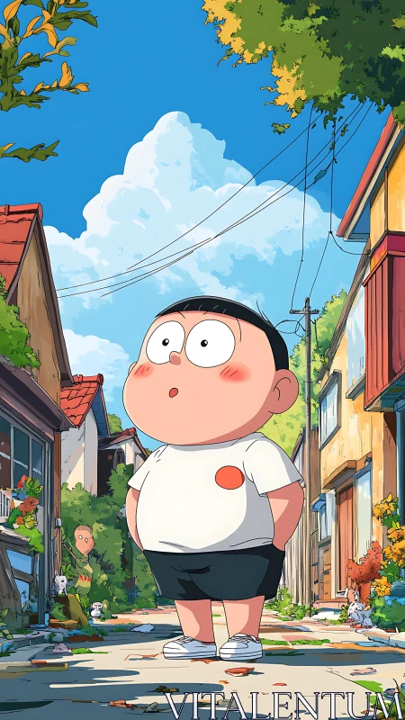 Wide-eyed summer stroll in a sunlit anime neighborhood lane.