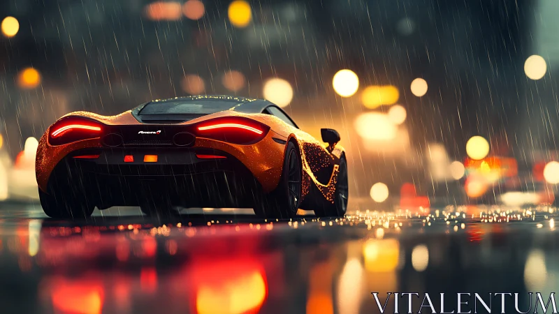 Rain‑lit supercar glows warmly on a moody city street