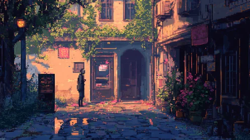 Evening light warms a quiet pixel street of ivy and flowers