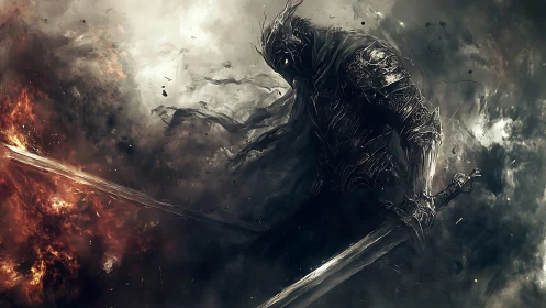 Dark wraith knight amid swirling fire and storm clouds.