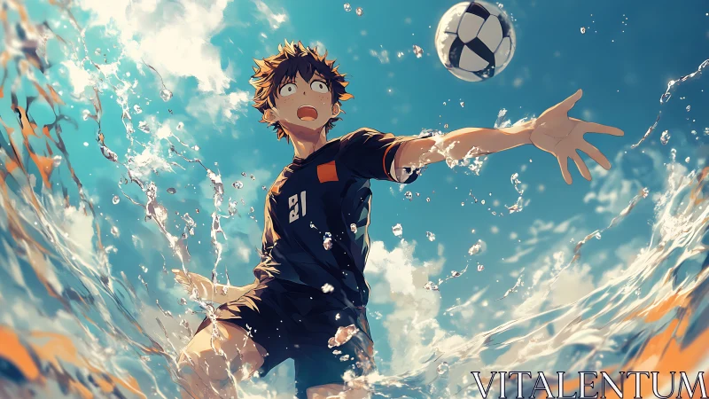 Youth in sports kit reaching toward ball amid water spray.