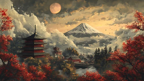 Mountain landscape depicts pagodas, village, and dense clouds