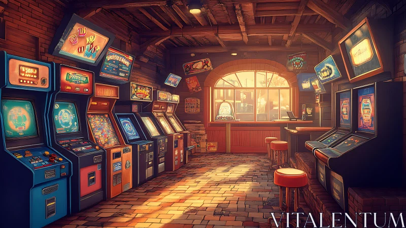 Retro arcade hall glows with warm sunset nostalgia and charm