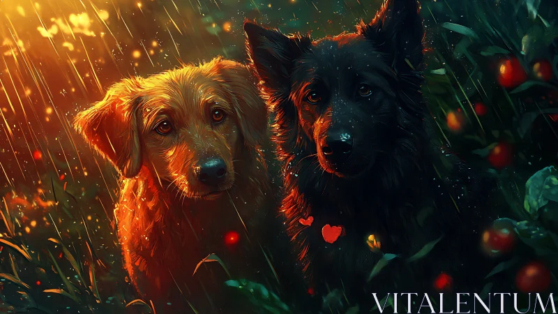 Rainlit canine duo in saturated bokeh garden tableau