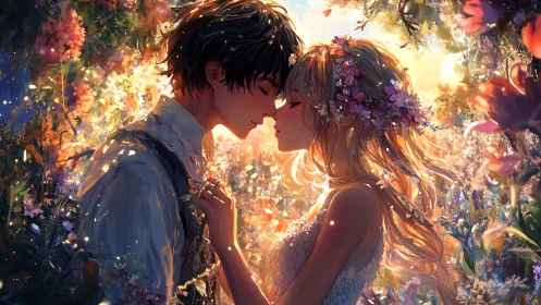 Sunlit anime lovers embracing amid glowing flower garden.