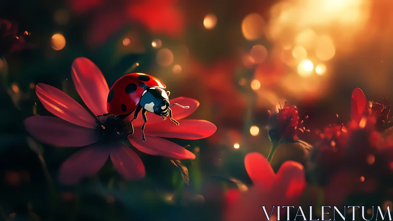 Ladybug lantern walk across ember-petaled twilight bloom.