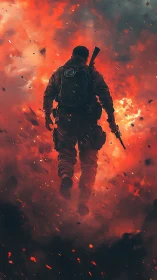Lone fire-walker soldier strides through a storm of embers.