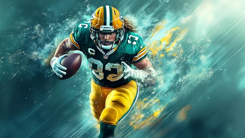 Dynamic football runner charges through neon energy field.