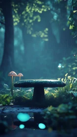 Bioluminescent forest mushroom under soft cinematic rain.