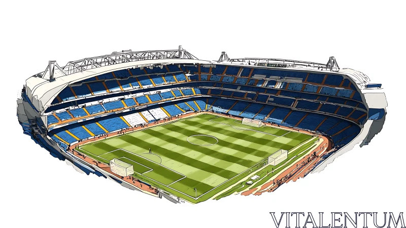 Digital stadium illustration with detailed football pitch.