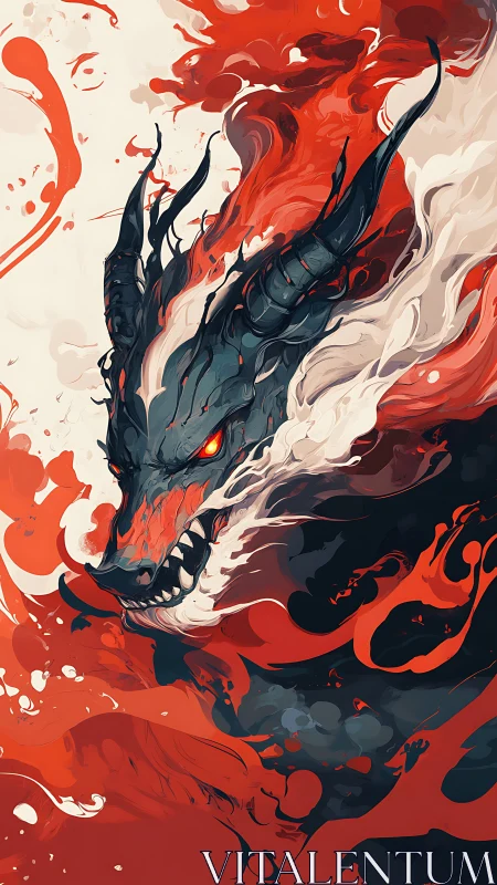 Infernal horned dragon emerges through abstract red fluid dynamics