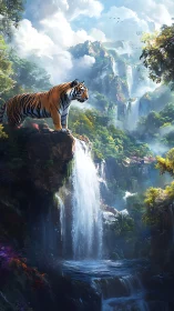 Majestic tiger surveys terraced waterfalls in luminous jungle