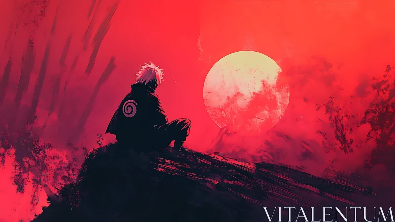 Solitary anime wanderer gazes softly toward a blazing sun