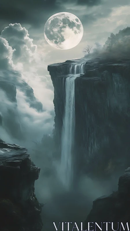Lunar backlit cataract over abyssal canyon in misted nightscape.