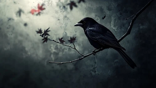 Solitary Black Bird Perched on Weathered Branch