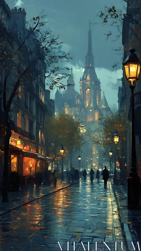 Rain-slicked Paris promenade beneath a dreaming cathedral.