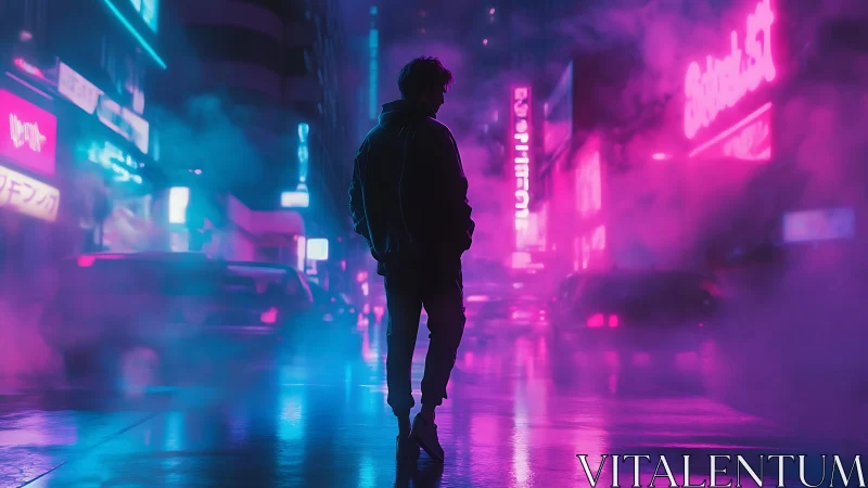 Neon driftwalker in electric midnight rainstorm streets.