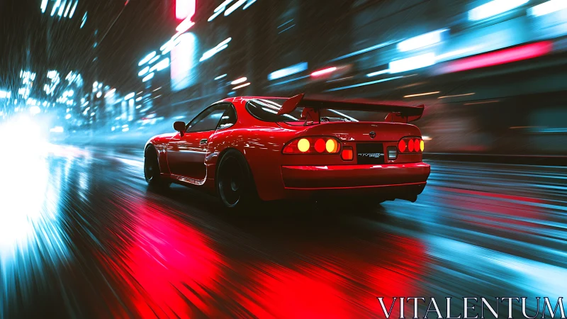 Red tuned sport coupe on wet neon city street at speed