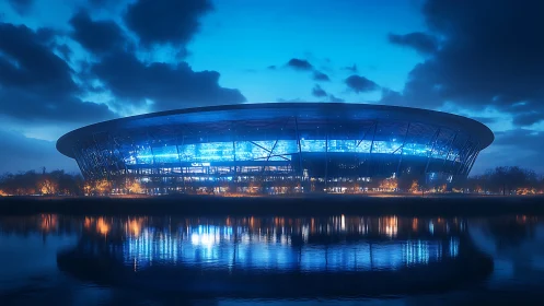 Futuristic illuminated stadium by water at dusk with reflections.