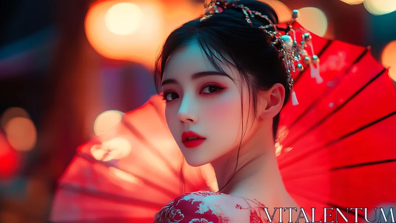Neon-lit portrait of elegant woman with red parasol bokeh glow