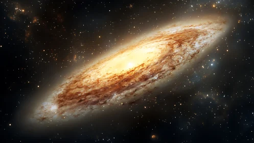 Spiral galaxy glows in golden dust amid deep cosmic night