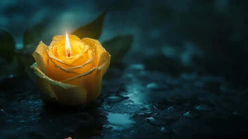 Yellow rose candle emits controlled light on wet surface