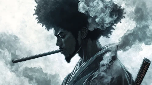 Digital painting profile of samurai smoker in drifting smoke field.