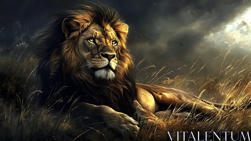 Regal male lion reclines in dramatic, backlit savanna storm