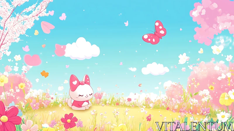 Kawaii rabbit character in pastel spring meadow under bright sky