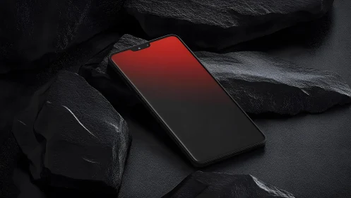 Modern smartphone with red gradient screen on black rocks, sleek style.
