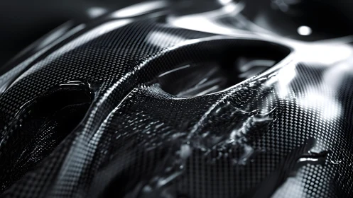 Close-up of carbon fiber texture with glossy liquid, futuristic style.