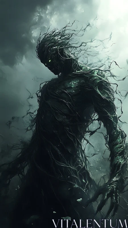 Humanoid figure formed from twisted roots in stormy sky.