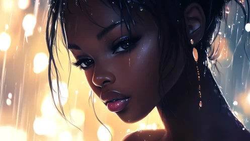 Digital portrait of woman in rain with warm backlight.